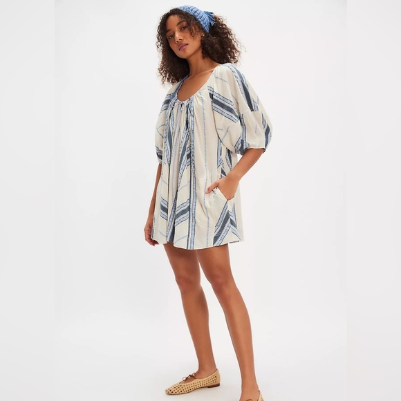 NEW! Free People BOP AROUND Romper M Seaside Stripe Ivory Blue Striped Shorts - Picture 2 of 16